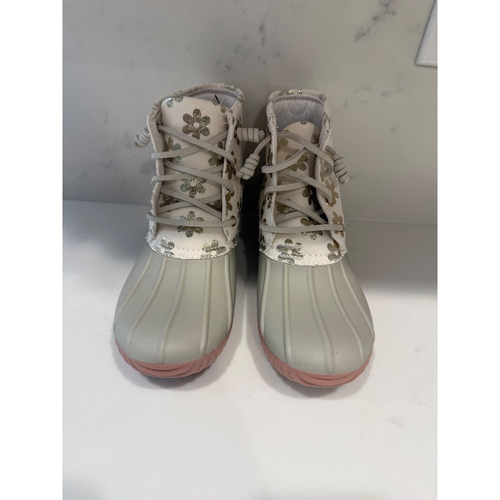 Simply Southern Women Grey Floral Canvas Duck Boots Metallic Gold Flowers Size 7